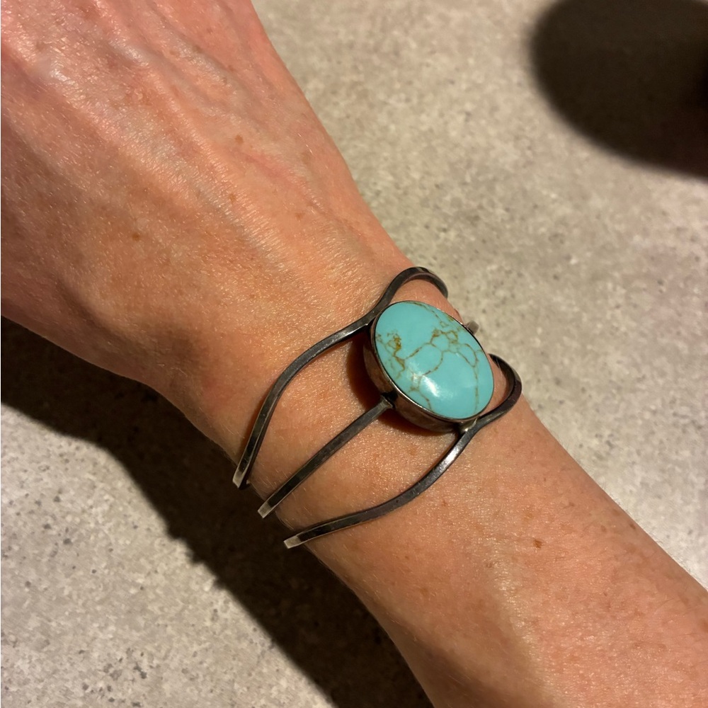 Turquoise Stone Silver Cuff Bracelet - Women's Jewelry